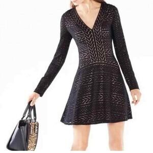 BCBGMAXAZRIA NEW Kinley Long Sleeve V Neck A Line Mini Dress Black Size S